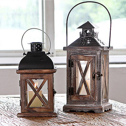 Antique-Style Glass Pane Window Lantern with Distressed Wood Frame and Vented Metal Roof Kalsten