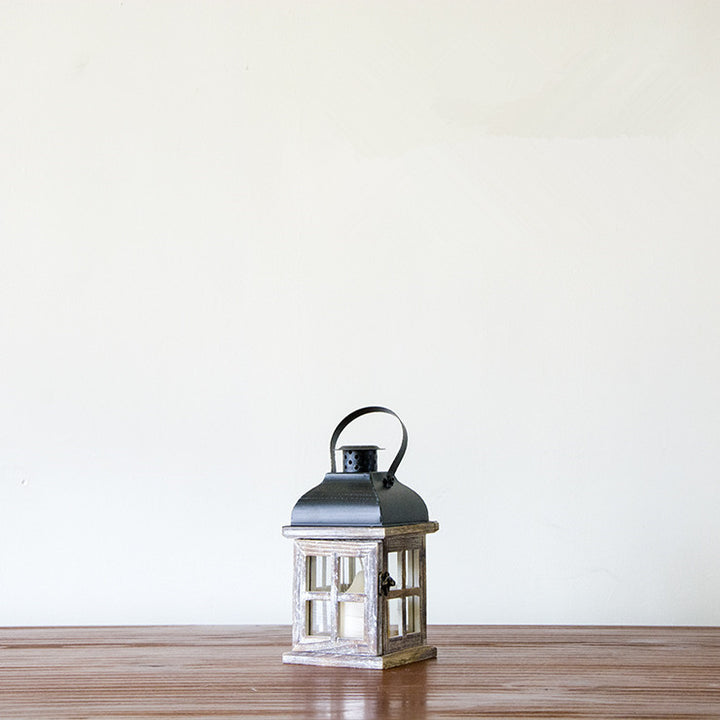 Multi-Piece Rustic Wooden Candle Lanterns with Metal Tops and Paneled Glass Kalsten