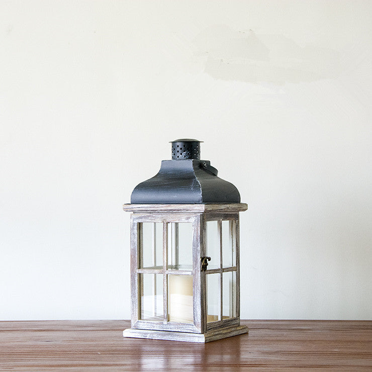 Multi-Piece Rustic Wooden Candle Lanterns with Metal Tops and Paneled Glass Kalsten