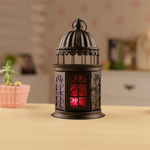Ornamental Gothic Dome Lantern with Colored Glass Panels and Tealight Holder Kalsten