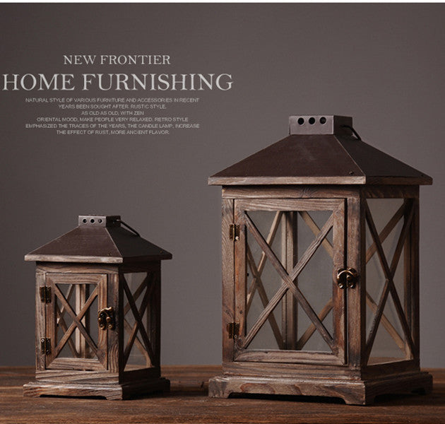 Handcrafted Distressed Wood Lantern with Cross-Hatch Glass Panels and Antique Metal Top Kalsten