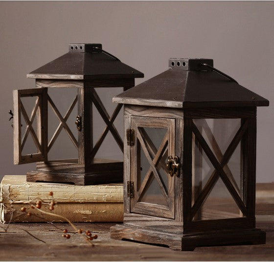 Handcrafted Distressed Wood Lantern with Cross-Hatch Glass Panels and Antique Metal Top Kalsten