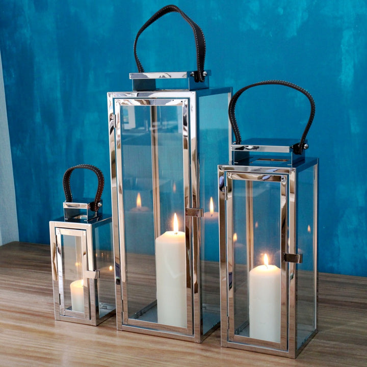 Rectangular Glass Candle Lanterns with Polished Metal Frame and Faux Leather Handle Set Kalsten