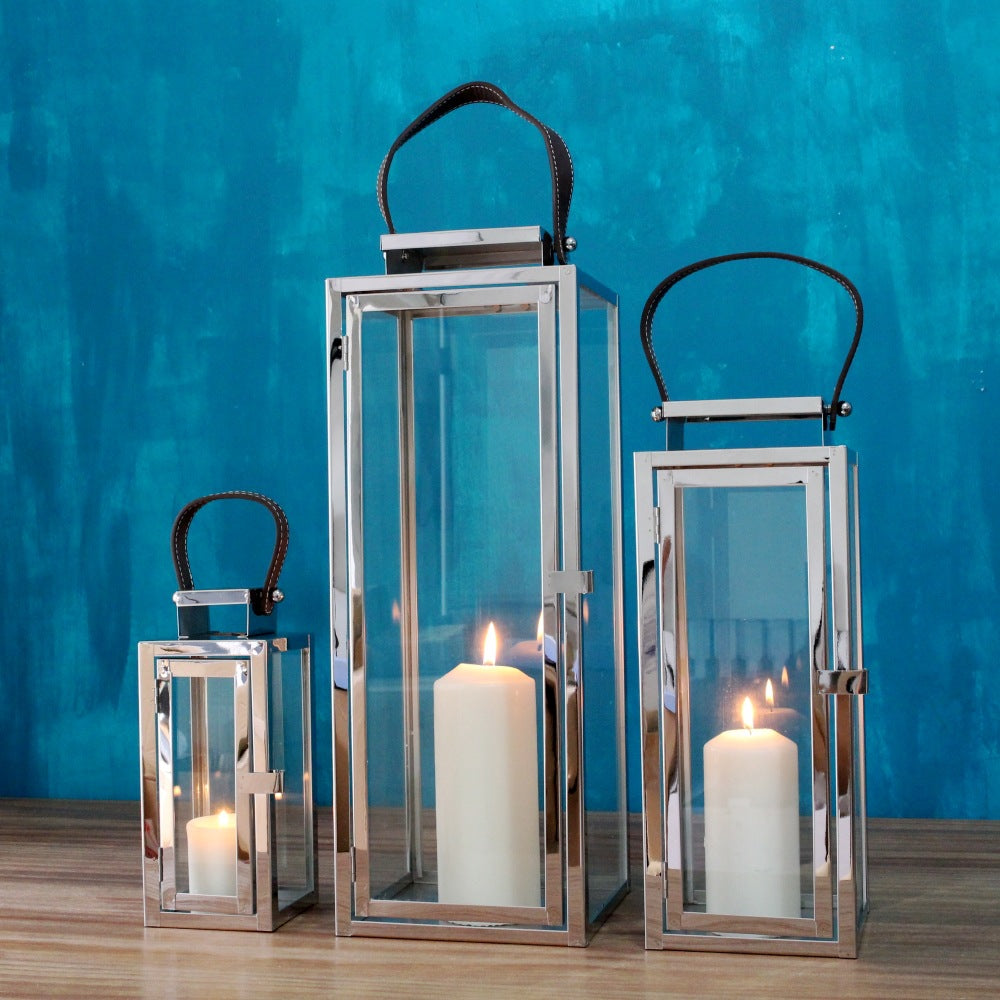 Rectangular Glass Candle Lanterns with Polished Metal Frame and Faux Leather Handle Set Kalsten