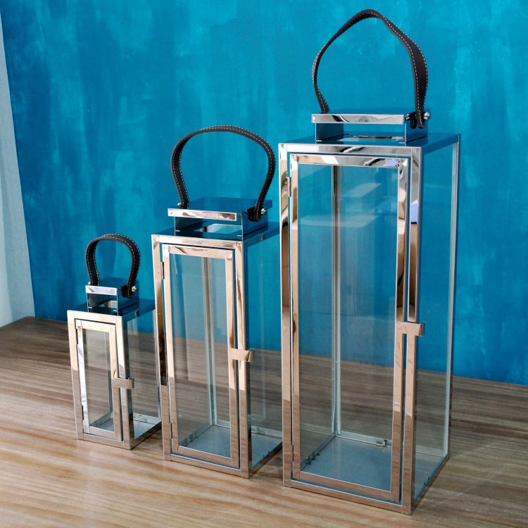 Rectangular Glass Candle Lanterns with Polished Metal Frame and Faux Leather Handle Set Kalsten