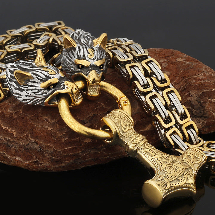 Stainless Steel Nordic Viking Wolf Thor's Hammer Men's Necklace