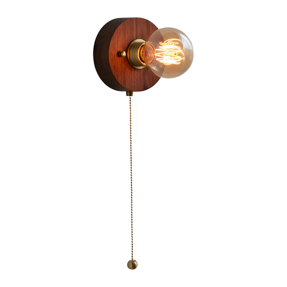 Round/Square Vintage Walnut Wood Wall Lamp 1-light with Pull Chain Switch | Noxord