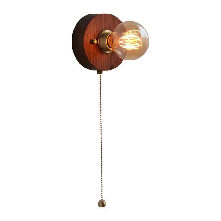 Round/Square Vintage Walnut Wood Wall Lamp 1-light with Pull Chain Switch | Noxord