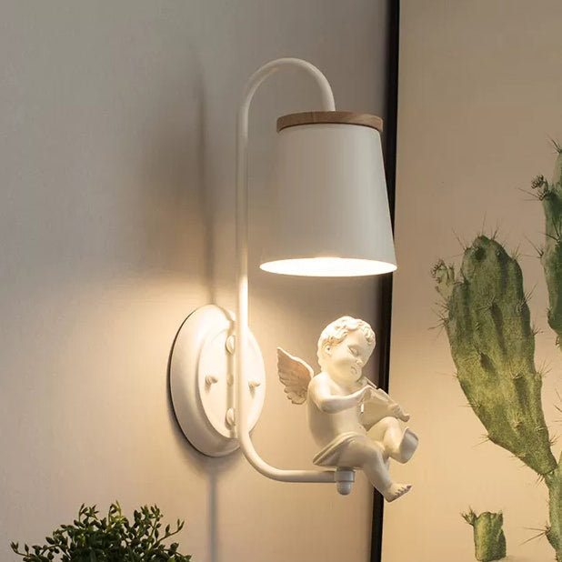 White Little Angel Wall Light with Bucket Shade 1 Head Metal Wall Lamp for Living Room | Kalsten