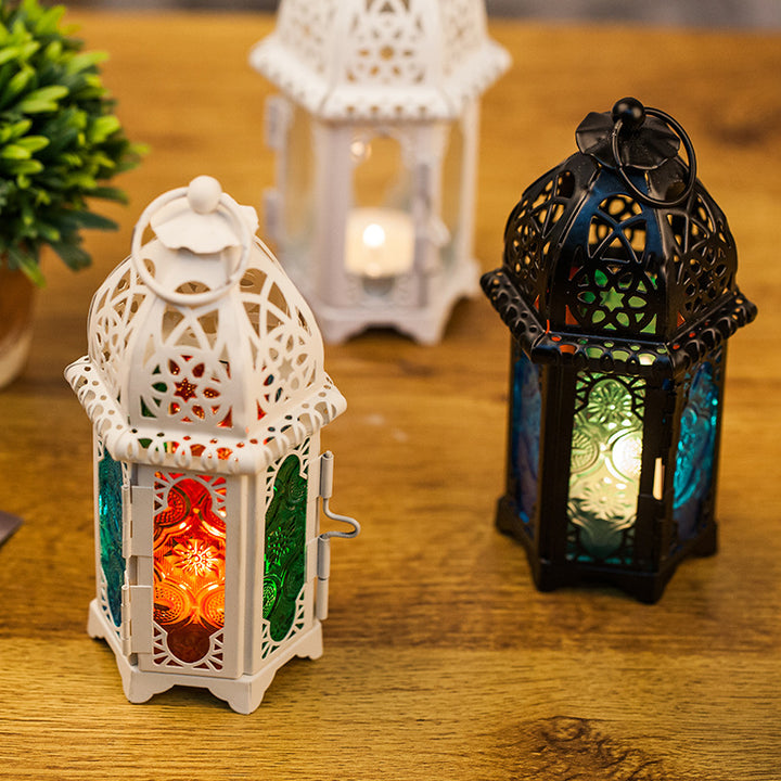 Ornate Moroccan Stained-Glass Metal Tealight Lantern Kalsten