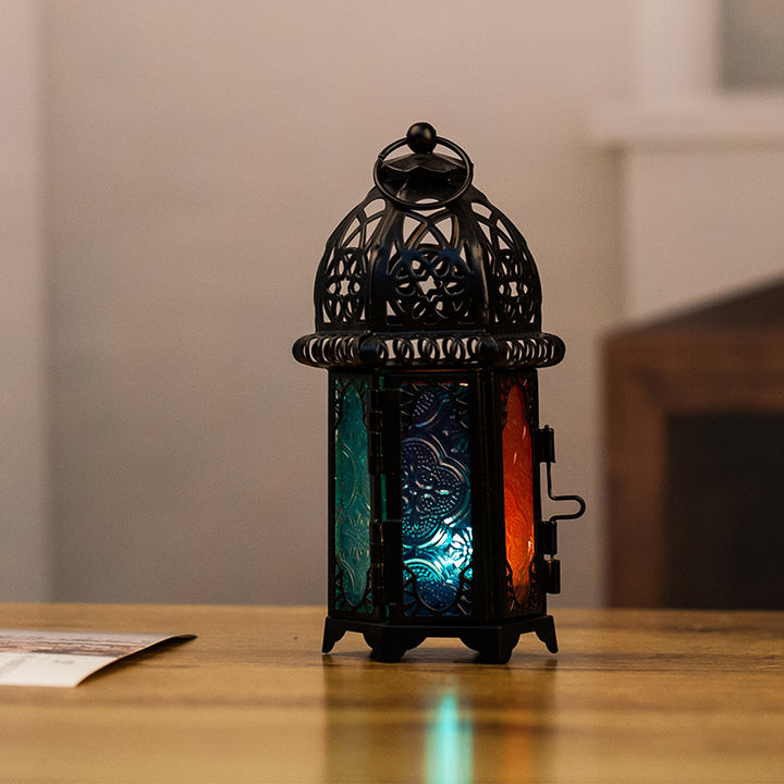 Moroccan-Style Metal and Glass Decorative Hanging Lantern with Intricate Filigree Kalsten
