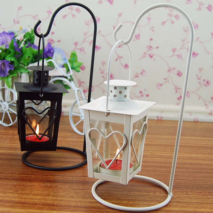 Decorative Hanging Heart-Window Metal Tea Light Lantern with Curved Display Stand Kalsten
