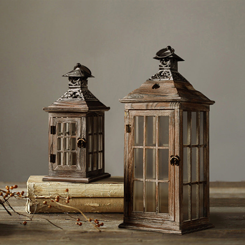Rustic Distressed Wood Windowpane Glass Candle Lantern Set with Ornate Metal Roof Kalsten