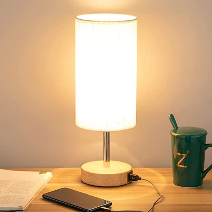 Lamp with USB connection Touch-Control Table Lamp for Bedroom Wood 3-stage dimmable Bedside Lamp with Round Linen Fabric Shade for Living Room, Student Dorm, Home Office | Noxord