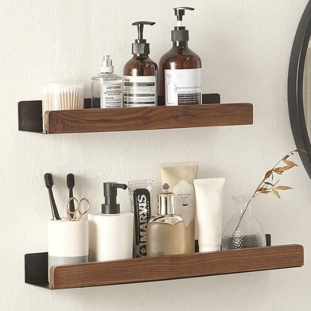 Solid wood bathroom organizer shelf without drilling