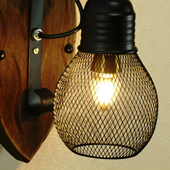Rustic Antique Wood Iron Hollow Mesh Black E27 Industrial Style Wall Lamp | Kalsten