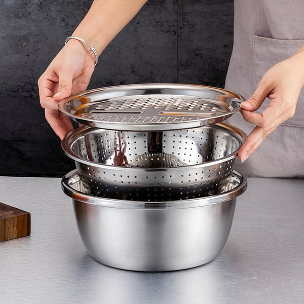 3-in-1 Mixing Bowl Set Stainless Steel with Grater and Sieve | Kalsten