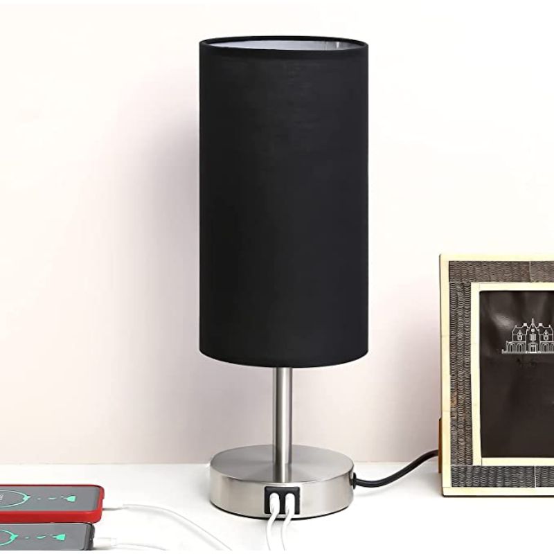 Lamp with USB connection Touch-Control Table Lamp for Bedroom Wood 3-stage dimmable Bedside Lamp with Round Linen Fabric Shade for Living Room, Student Dorm, Home Office | Noxord