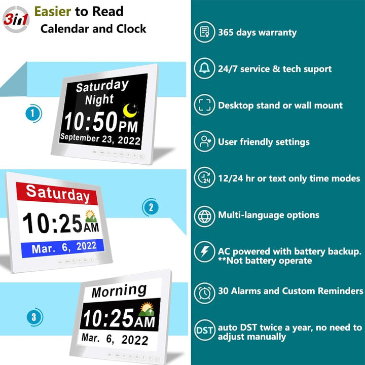 Kalsten | 11.5-Inch Digital Calendar Day Clock with 19 Reminders – Claryon