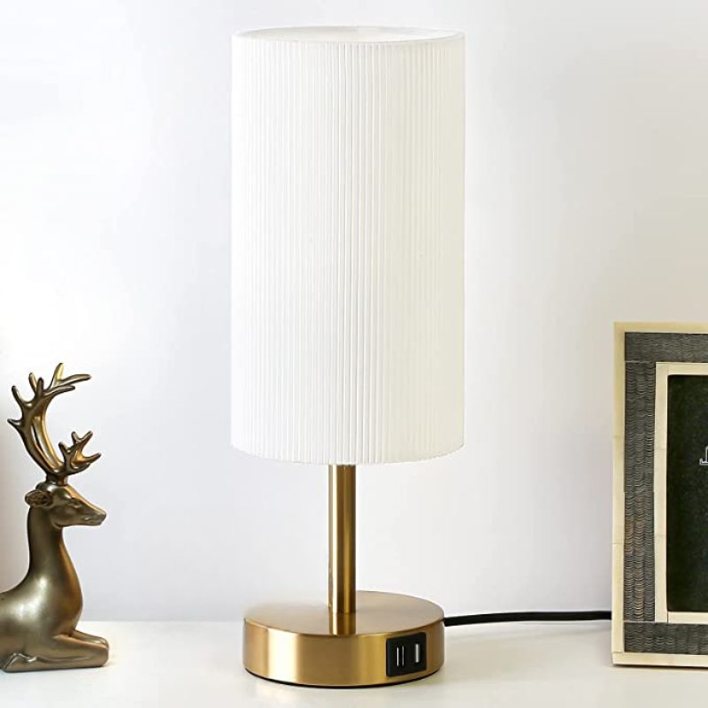 Lamp with USB connection Touch-Control Table Lamp for Bedroom Wood 3-stage dimmable Bedside Lamp with Round Linen Fabric Shade for Living Room, Student Dorm, Home Office | Noxord