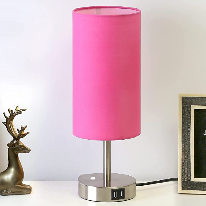 Lamp with USB connection Touch-Control Table Lamp for Bedroom Wood 3-stage dimmable Bedside Lamp with Round Linen Fabric Shade for Living Room, Student Dorm, Home Office | Noxord