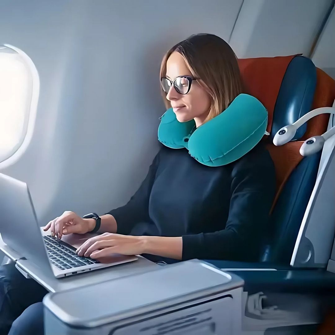 TravelThrive | Inflatable Travel Neck Pillow – Adjustable Firmness – Soft Velvet Cover – Neck Pain Relief – Compact for All Journeys Kalsten