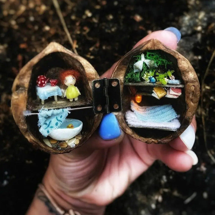 Kalsten | Miniature Walnut House Ornament | Handmade Gift | Clay & Wood Details with Light-Up Design