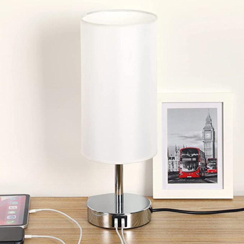 Lamp with USB connection Touch-Control Table Lamp for Bedroom Wood 3-stage dimmable Bedside Lamp with Round Linen Fabric Shade for Living Room, Student Dorm, Home Office | Noxord