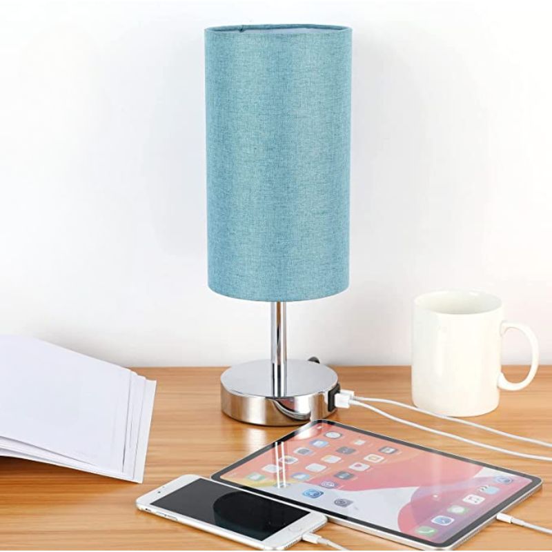 Lamp with USB connection Touch-Control Table Lamp for Bedroom Wood 3-stage dimmable Bedside Lamp with Round Linen Fabric Shade for Living Room, Student Dorm, Home Office | Noxord
