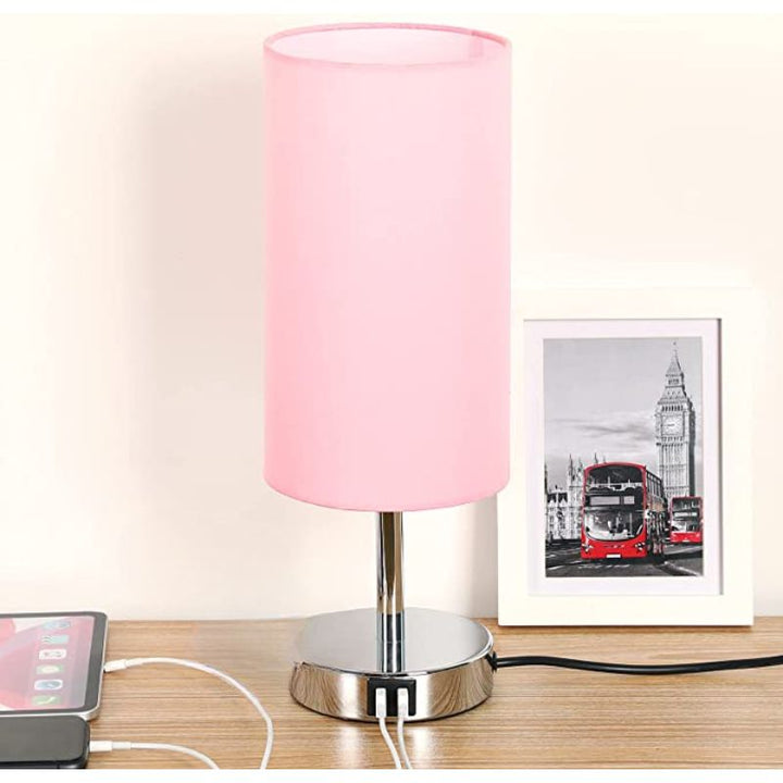 Lamp with USB connection Touch-Control Table Lamp for Bedroom Wood 3-stage dimmable Bedside Lamp with Round Linen Fabric Shade for Living Room, Student Dorm, Home Office | Noxord