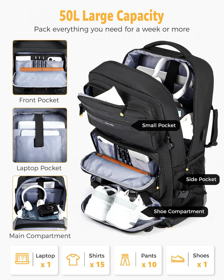 50L Flight-Ready Convertible Travel Backpack with Shoe Compartment & USB Port | Kalsten