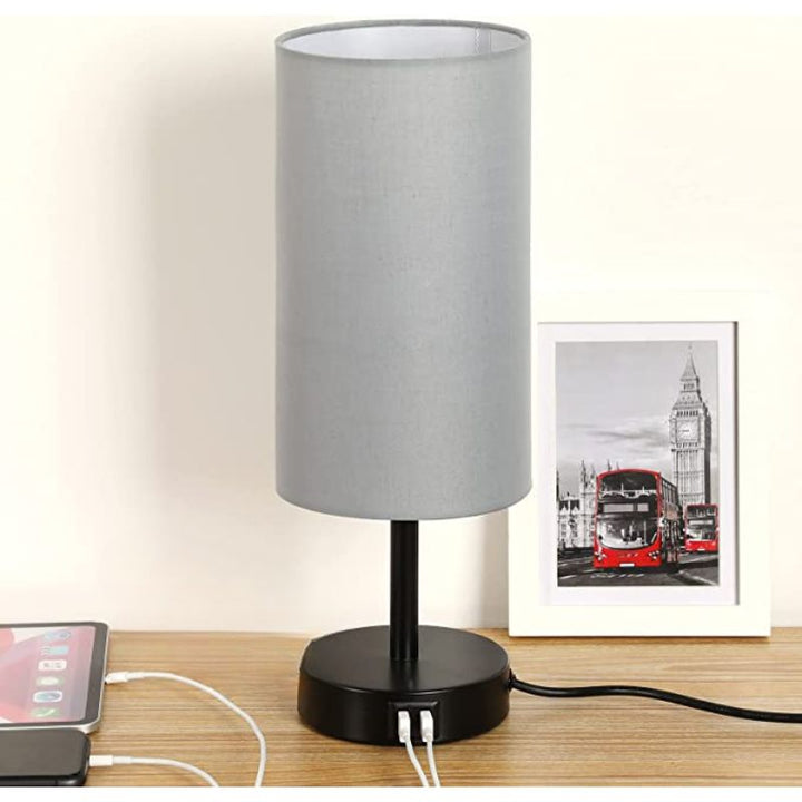 Lamp with USB connection Touch-Control Table Lamp for Bedroom Wood 3-stage dimmable Bedside Lamp with Round Linen Fabric Shade for Living Room, Student Dorm, Home Office | Noxord