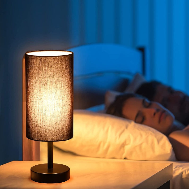 Lamp with USB connection Touch-Control Table Lamp for Bedroom Wood 3-stage dimmable Bedside Lamp with Round Linen Fabric Shade for Living Room, Student Dorm, Home Office | Noxord