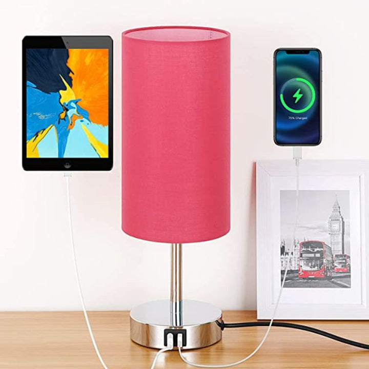 Lamp with USB connection Touch-Control Table Lamp for Bedroom Wood 3-stage dimmable Bedside Lamp with Round Linen Fabric Shade for Living Room, Student Dorm, Home Office | Noxord