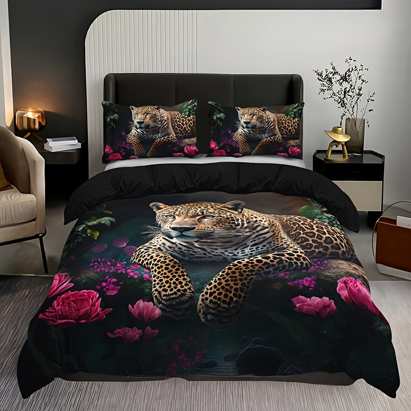 Luxurious Animal Print Bedding Set with Rose Pattern - 3-piece Noxord
