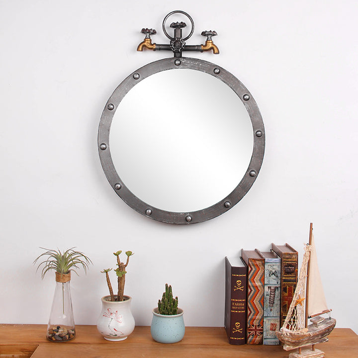 Industrial-Style Round Wall Mirror with Vintage Pipe Design Kalsten