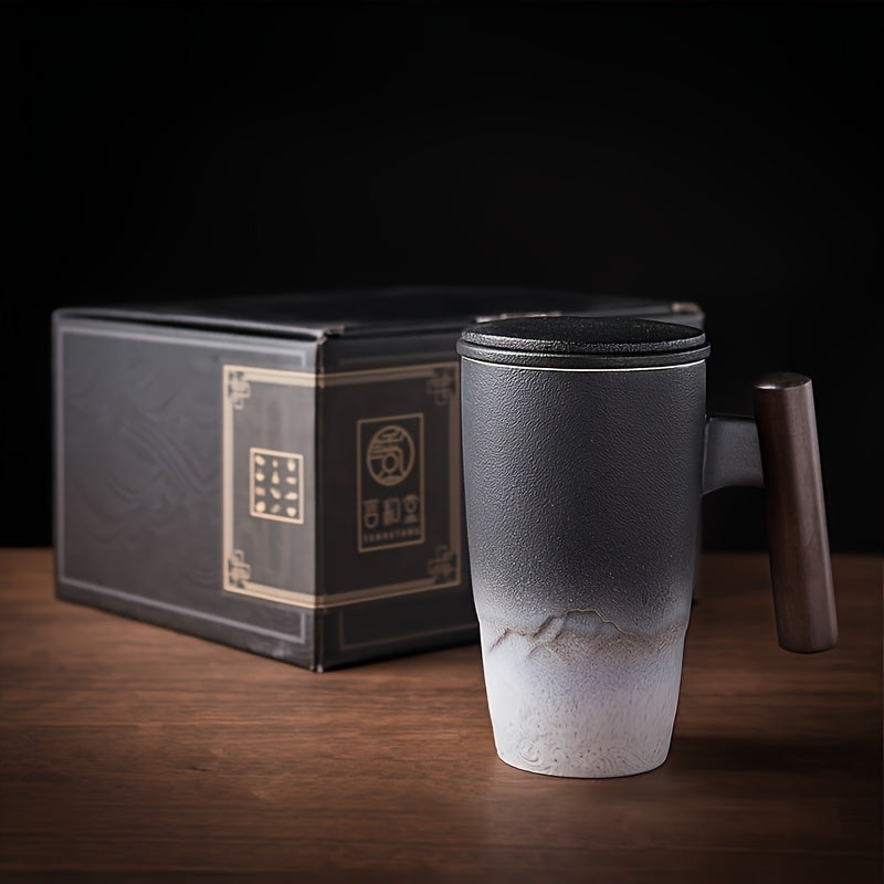 Kalsten | TeaCraft Ceramic Mug | Handmade | With Tea Infuser & Wooden Handle | Retro Design
