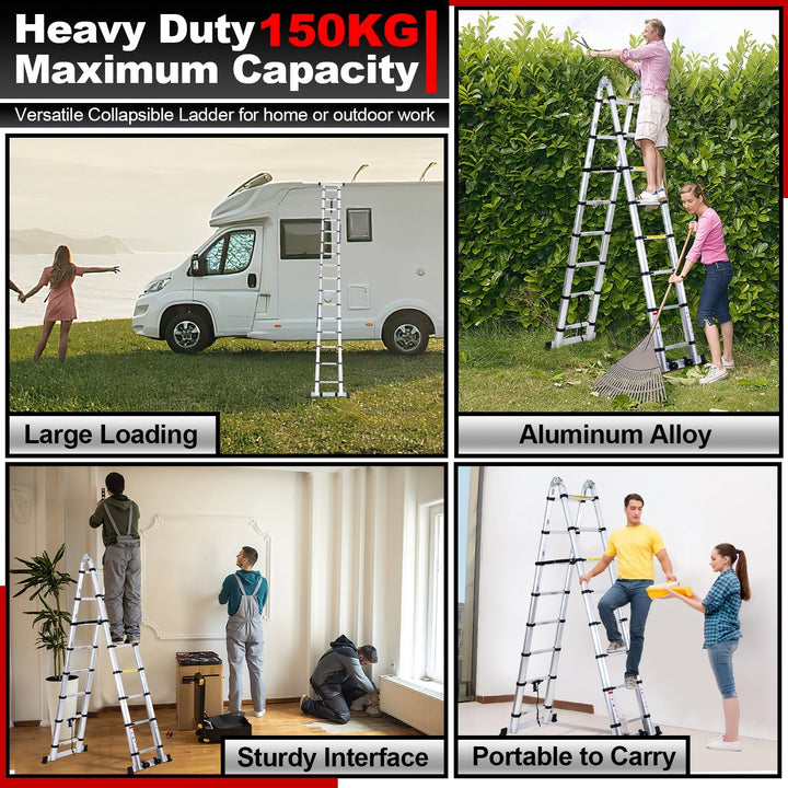 5M Aluminum Telescopic Ladder Folding Ladder with Wheels and Triangle Stabilizer | Kalsten