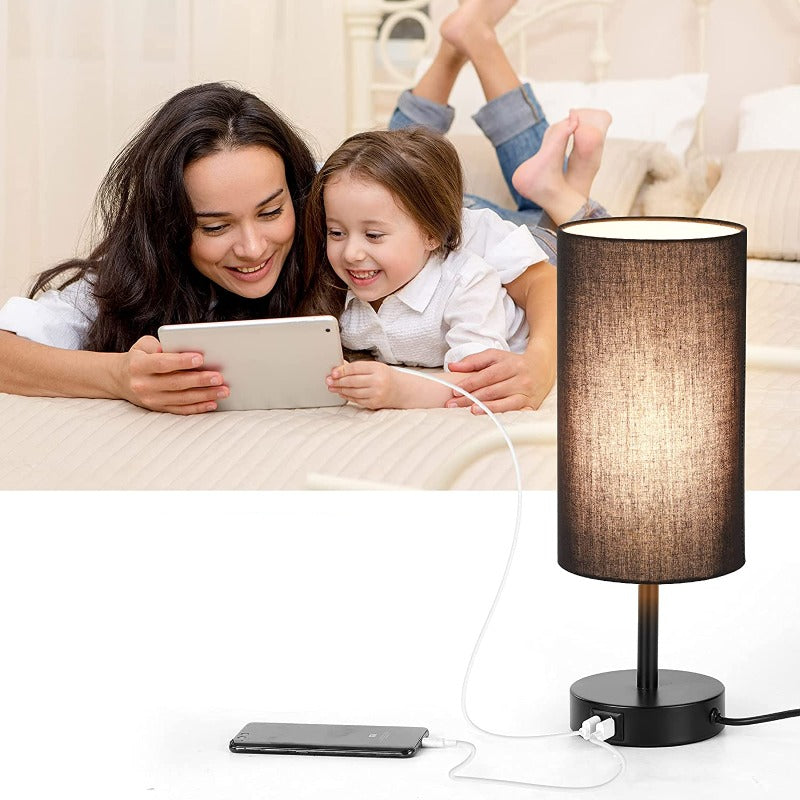 Lamp with USB connection Touch-Control Table Lamp for Bedroom Wood 3-stage dimmable Bedside Lamp with Round Linen Fabric Shade for Living Room, Student Dorm, Home Office | Noxord