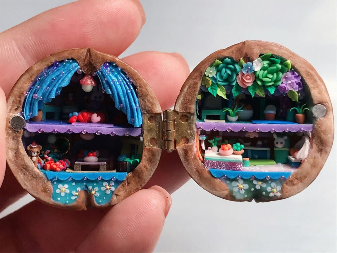 Kalsten | Miniature Walnut House Ornament | Handmade Gift | Clay & Wood Details with Light-Up Design