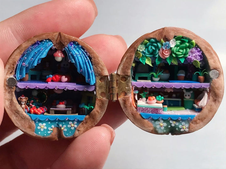Kalsten | Miniature Walnut House Ornament | Handmade Gift | Clay & Wood Details with Light-Up Design