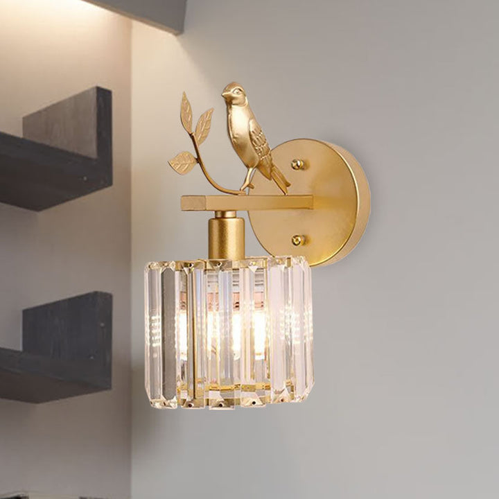 Black/Gold 1 Bulb Sconce Lamp Minimalism K9 Crystal Cylindrical Wall Lighting with Bird Decoration | Kalsten