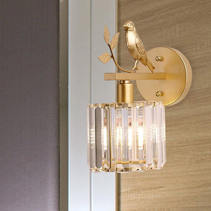 Black/Gold 1 Bulb Sconce Lamp Minimalism K9 Crystal Cylindrical Wall Lighting with Bird Decoration | Kalsten
