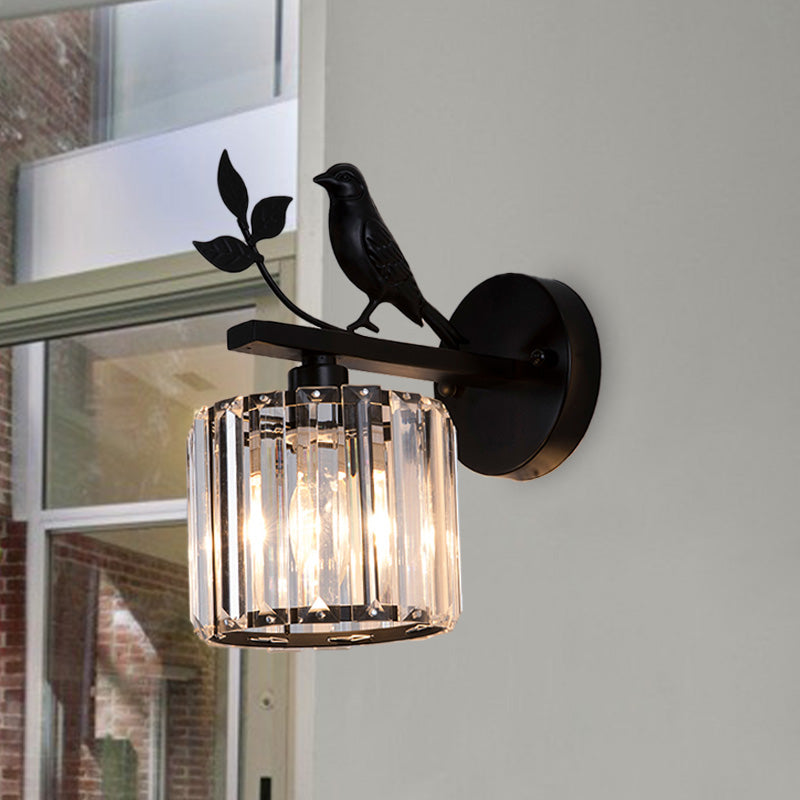 Black/Gold 1 Bulb Sconce Lamp Minimalism K9 Crystal Cylindrical Wall Lighting with Bird Decoration | Kalsten
