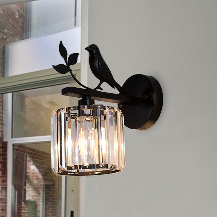 Black/Gold 1 Bulb Sconce Lamp Minimalism K9 Crystal Cylindrical Wall Lighting with Bird Decoration | Kalsten