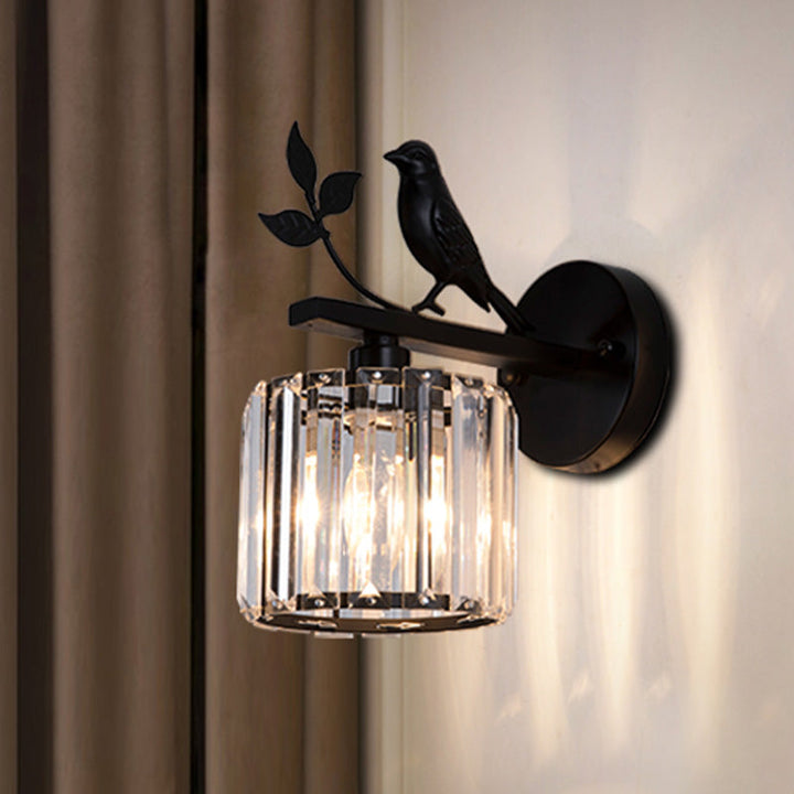 Black/Gold 1 Bulb Sconce Lamp Minimalism K9 Crystal Cylindrical Wall Lighting with Bird Decoration | Kalsten