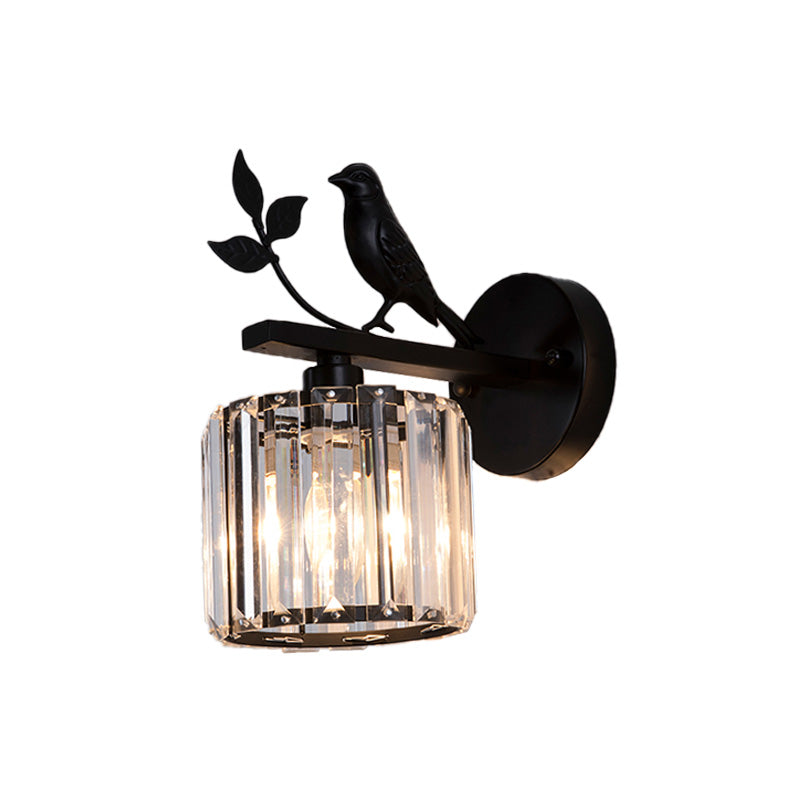 Black/Gold 1 Bulb Sconce Lamp Minimalism K9 Crystal Cylindrical Wall Lighting with Bird Decoration | Kalsten
