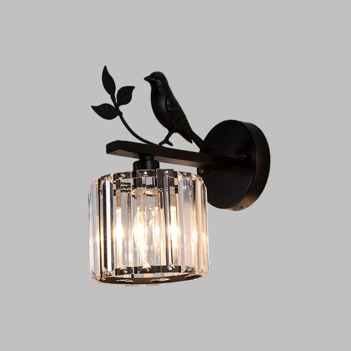 Black/Gold 1 Bulb Sconce Lamp Minimalism K9 Crystal Cylindrical Wall Lighting with Bird Decoration | Kalsten