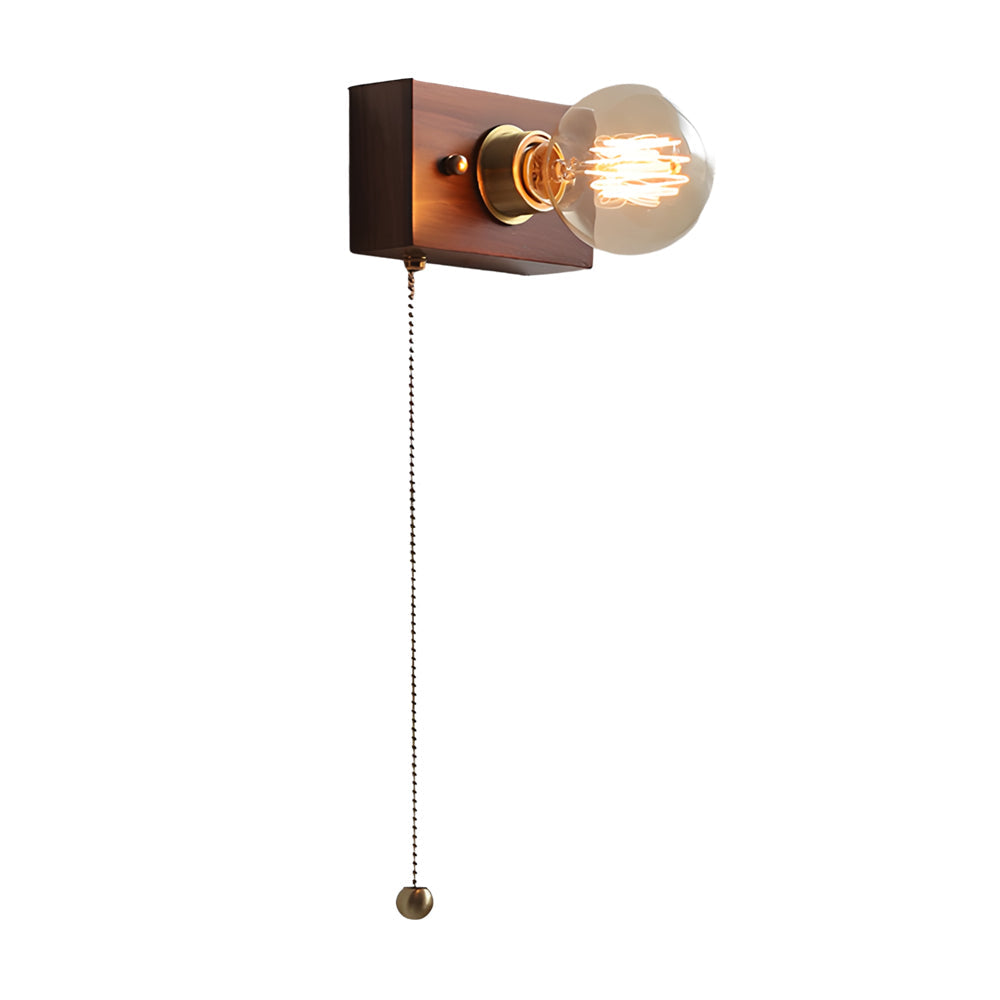 Round/Square Vintage Walnut Wood Wall Lamp 1-light with Pull Chain Switch | Noxord
