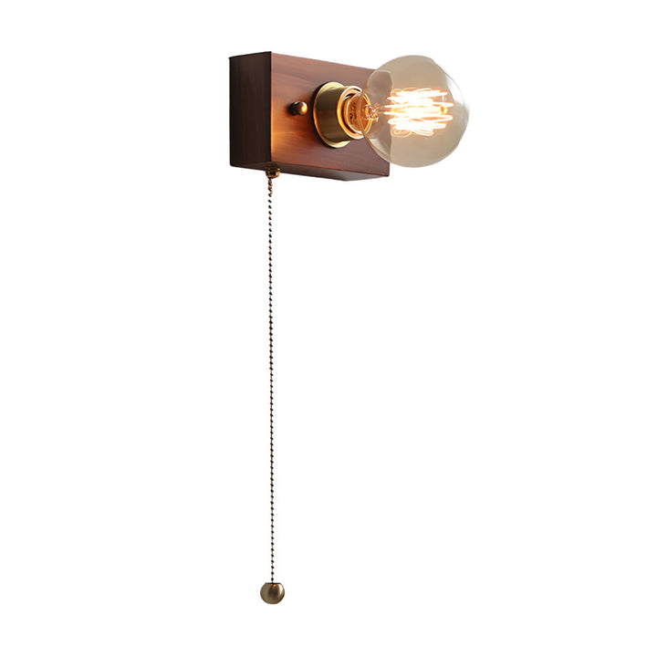 Round/Square Vintage Walnut Wood Wall Lamp 1-light with Pull Chain Switch | Noxord